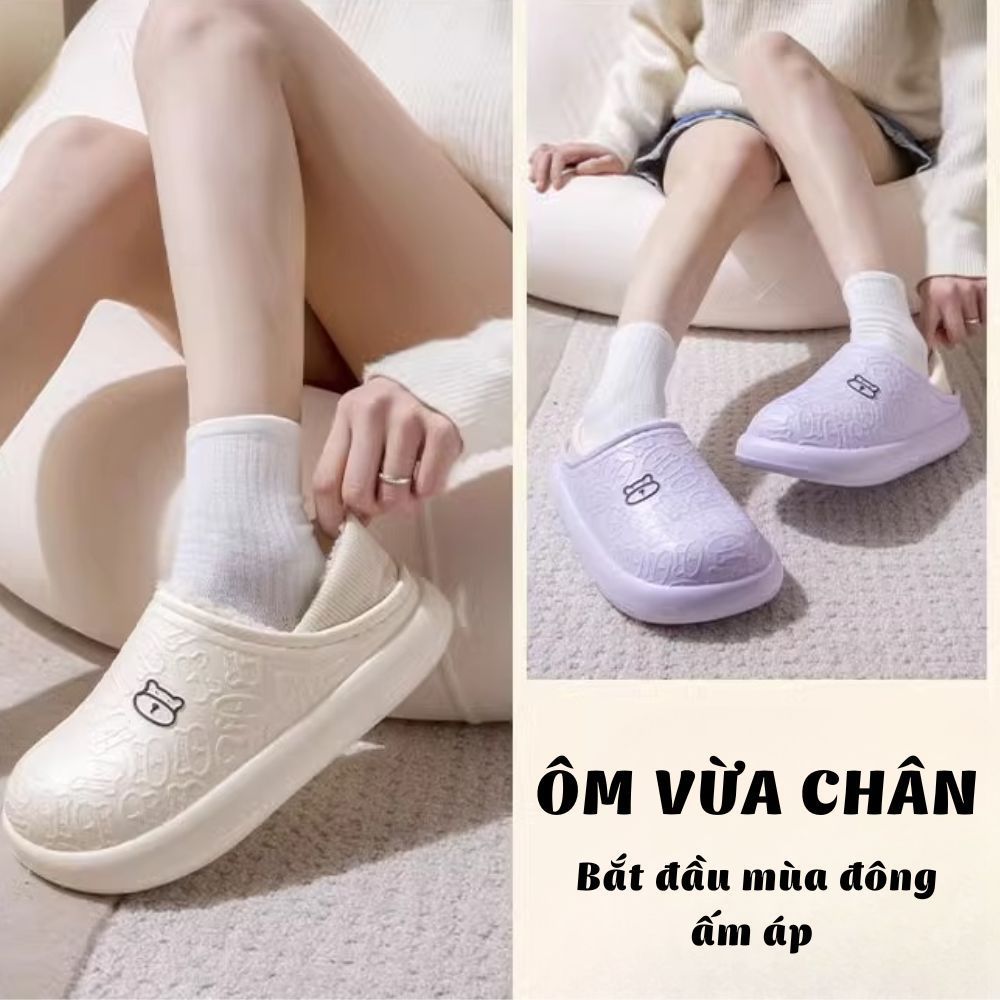 Dép Bông Nam Nữ Đi Trong Nhà Lót Lông Giữ Ấm, Đế Chống Trơn, Hình Gấu Bear Richouse