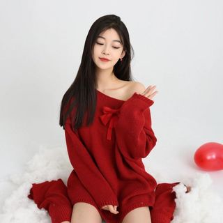 Áo len thu đông 2025 thiết kế nơ đỏ cao cấp, phù hợp cho mùa Giáng sinh