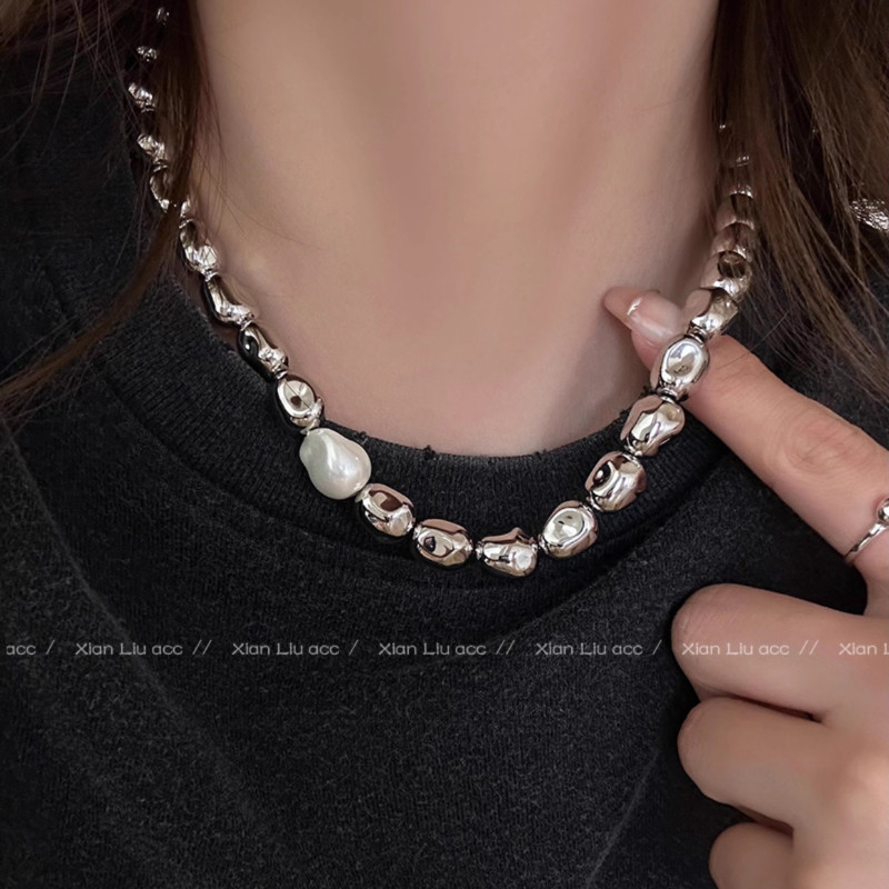 Vòng cổ hạt mạ điện và ngọc trai Baroque, phụ kiện thời trang dành cho nữ