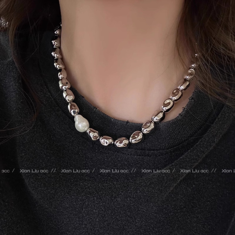 Vòng cổ hạt mạ điện và ngọc trai Baroque, phụ kiện thời trang dành cho nữ