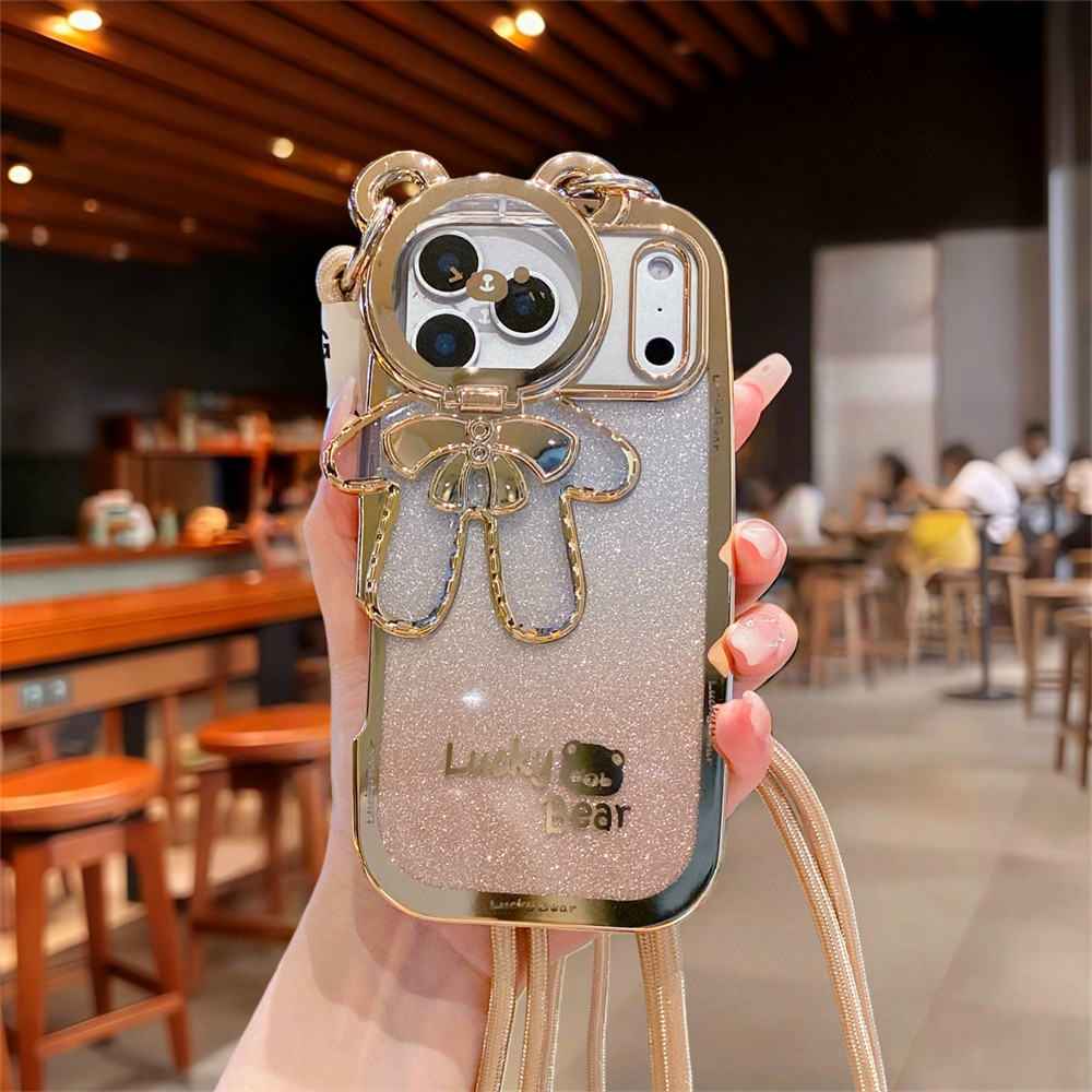 Ốp điện thoại giá đỡ ống kính gấu đeo chéo cho iPhone 17 Pro Max 11 12 13 14 15 16 pro max Air 15 16 plus XS max Phim bảo vệ gương chống rơi TPU vỏ mềm bảo vệ điện thoại