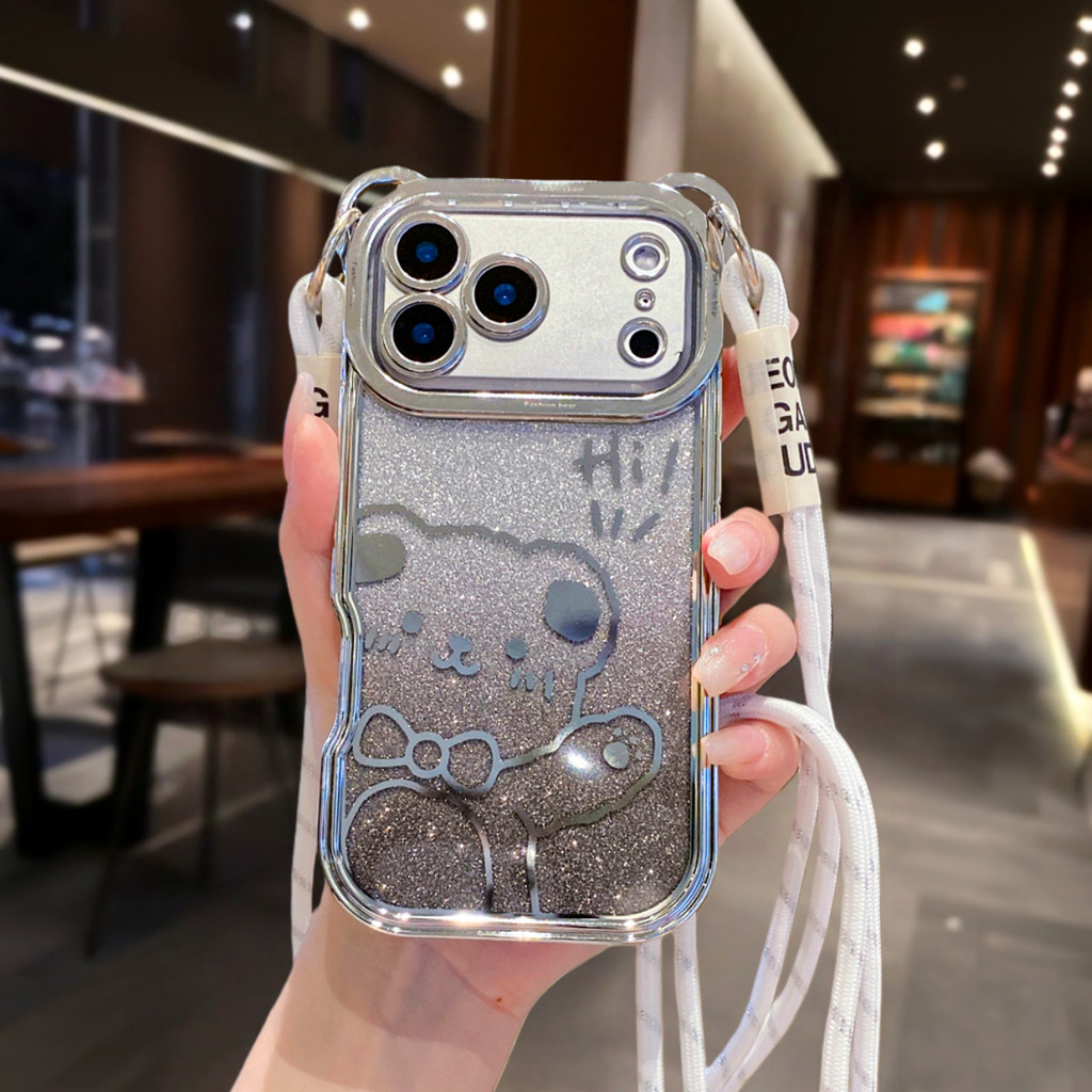 Ốp điện thoại đeo chéo hình gấu dễ thương chất lượng cao cho iPhone 17 Pro Max 13 14 15 16 pro max Air Chống rơi gương bảo vệ vỏ mềm TPU Vỏ bảo vệ điện thoại