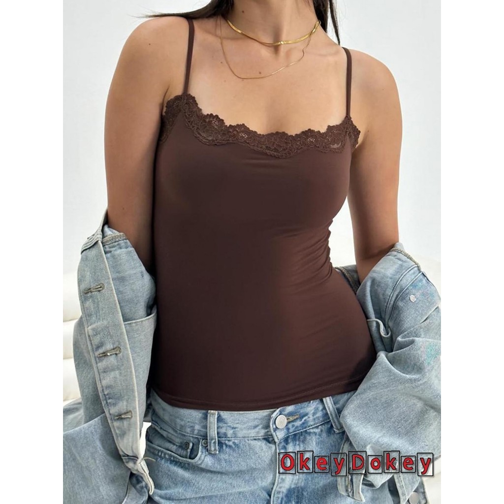 ODokey-Nữ Cami Áo Không Tay Ren Viền Màu Trơn Ôm Vừa Viền