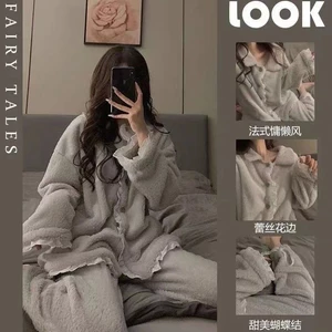 Lông Cừu San Hô Thu Đông Dài Tay Ren 2025 Bộ Đồ Ngủ Nữ Ấm Áp Flannel Dày Loungewear Nữ Phù Hợp Với