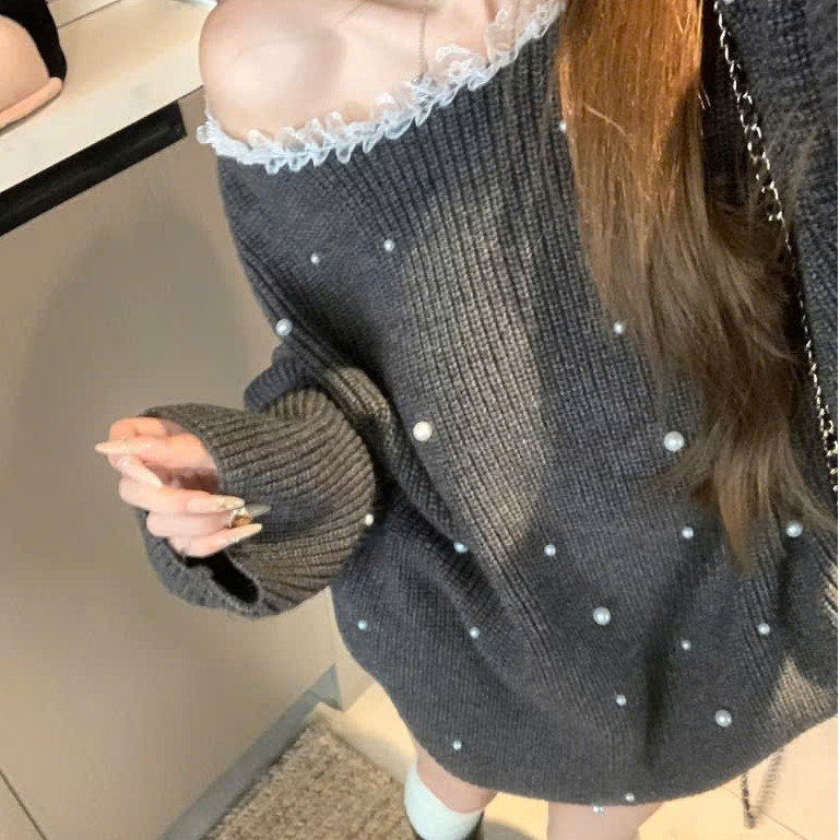 Áo Váy Trể Vai Cổ Ren Đính Ngọc KCloset Áo Len Mix Chân Váy Chữ A Kiểu Dáng Hàn NA44