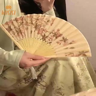 [WUSISI] Quạt Gấp Tay Di Động Phong Cách Trung Hoa Mới Đạo Cụ Khiêu Vũ Retro Quạt Nam Nữ Gỗ Tre Lụa Hoa Gấp Quạt MỚI