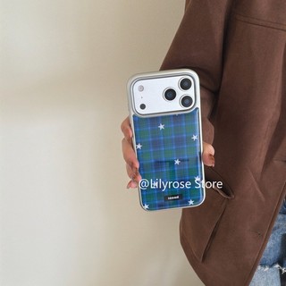 Ốp lưng màu xanh lá cây ca rô ngôi sao bạc cho iPhone 17ProMax 17Po 17 16ProMax 16Pro 16 15ProMax 15Pro 15 14ProMax 14Pro 14 13ProMax 13Pro 13 Vỏ iPhone Apple cứng tối giản