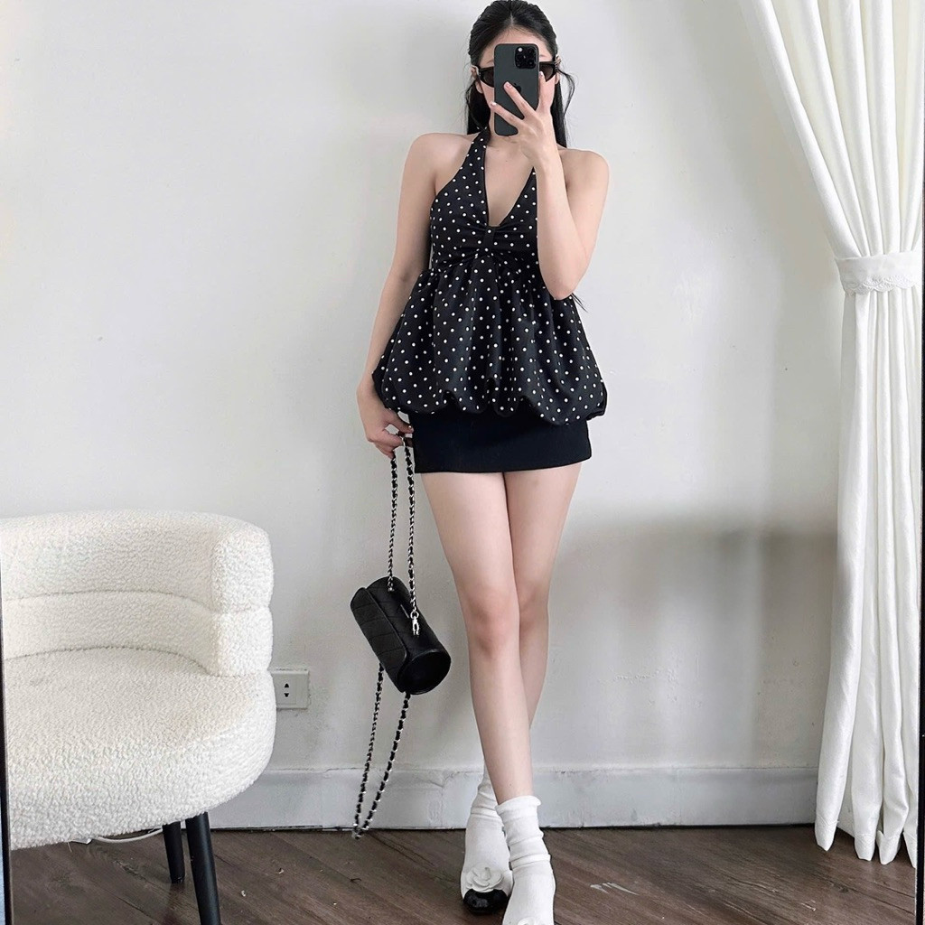 (Có Mút) Áo Yếm Chấm Bi Nhún Ngực Form Bí Xoè Lưng Chun co giãn