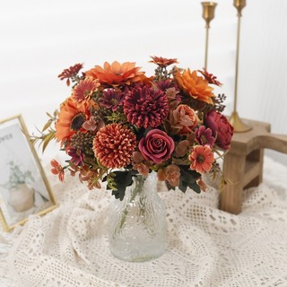Hoa Giả Decor Trang Trí Nhà Cửa Bó Hồng Cúc Lụa Vintage Retro Cao Cấp Phụ Kiện Chụp Ảnh Cưới Để Bàn Phòng Khách Terracotta Mauve White Mums Roses Fake Flowers Wedding Party Gift Vase Filler Aesthetic Korean Style Boho Autumn