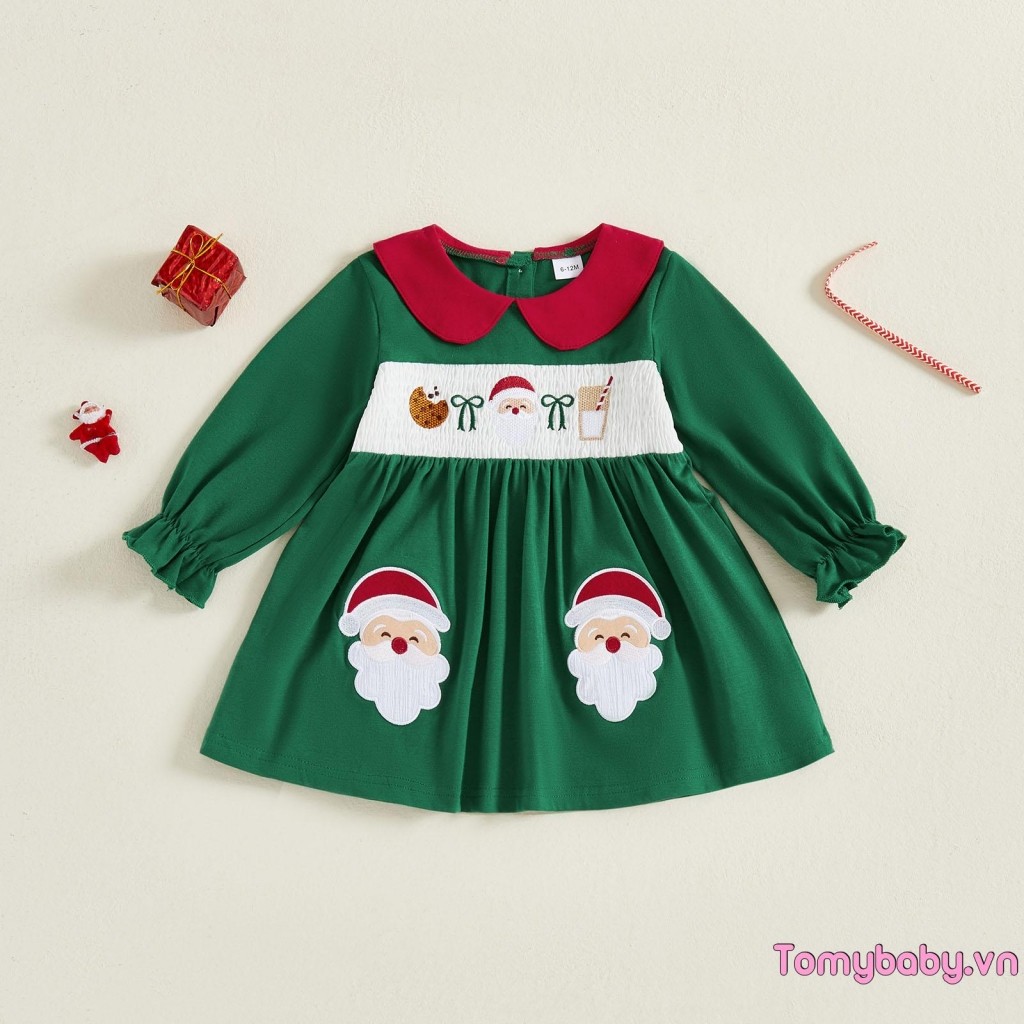 Trẻ Em Bé Gái Váy Giáng Sinh Tay Dài Cổ Búp Bê Thêu Ông Già Noel Mùa Thu Váy