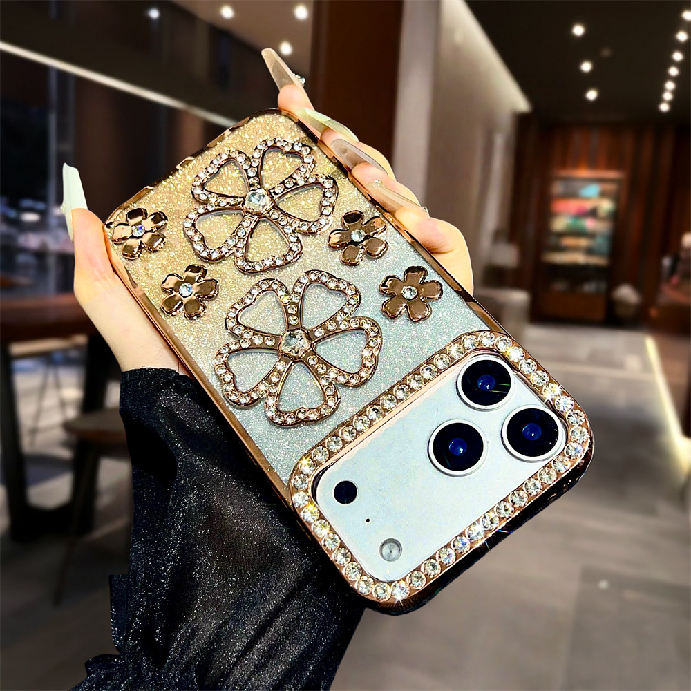 Ốp điện thoại hoa kim cương lấp lánh sang trọng cho iPhone 17 Pro Max 12 13 14 15 16 pro max Air 15 16 plus Bảo vệ Camera ống kính TPU vỏ mềm bảo vệ điện thoại