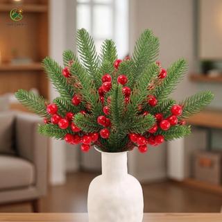 ⭐GROUS⭐Artificial Christmas Pine Branch with Red Berries and Green Stem for Holiday Use
