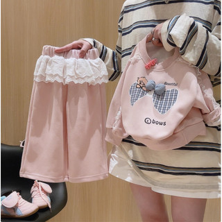 Bộ nỉ phối viền bèo cho bé gái 9-27kg. Bộ thu đông bé gái màu hồng pastel mẫu bộ nỉ BOWS . Đồ bộ dài tay bé gái. TD1