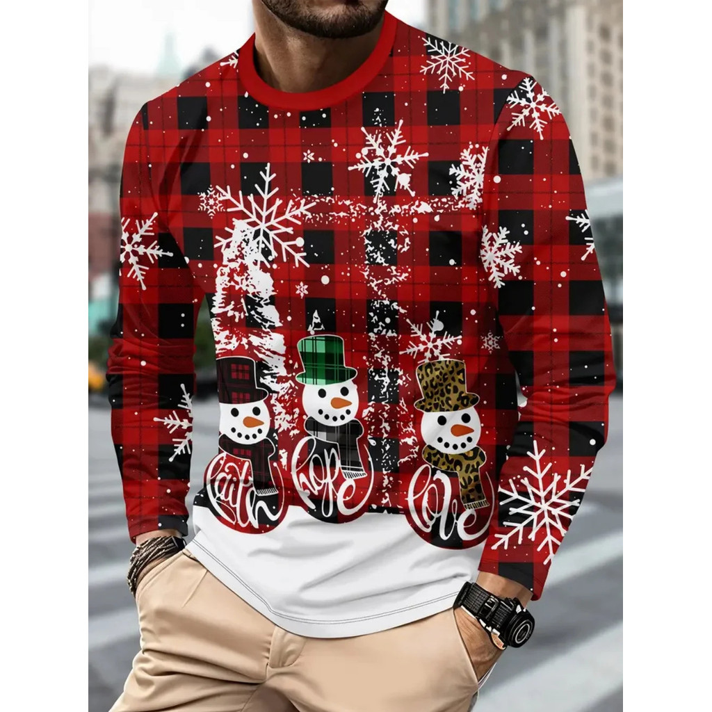 Áo thun dài tay in hình 3D, thiết kế cổ tròn, phù hợp mùa thu với chủ đề Ông già Noel cho Giáng sinh
