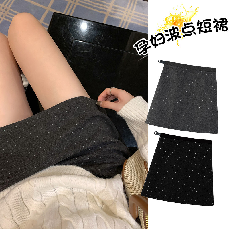 Trang phục bà bầu Thu đông Len dày chấm bi Váy chải cổ điển