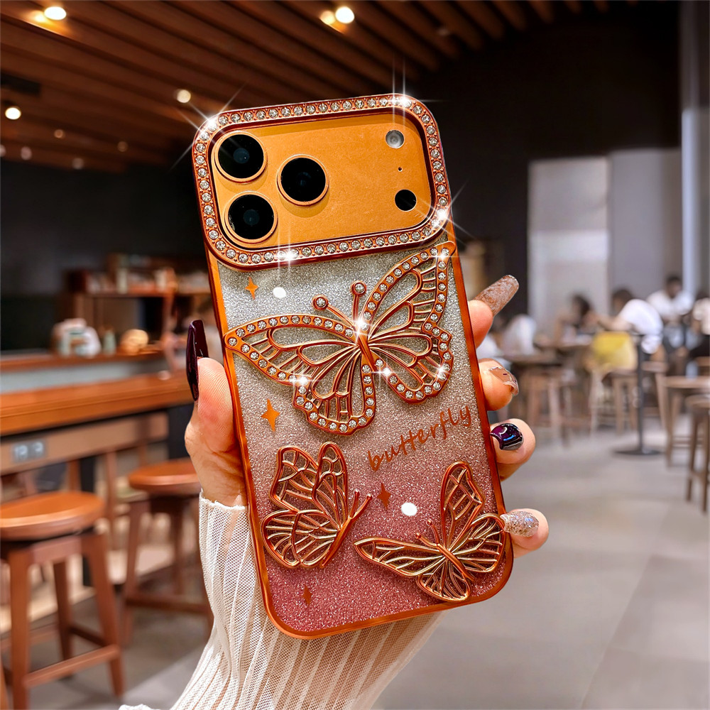 Ốp điện thoại hình con bướm ba chiều Flash Diamond cho iPhone 17 Pro Max 16 13 14 15 Pro Max Air 16 plus Ống kính bảo vệ Camera Vỏ chống sốc Vỏ mềm vỏ bảo vệ điện thoại