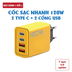 Củ sạc nhanh 4 cổng, 120W gồm: 2 cổng Type C + 2 cổng USB, Cáp sạc nhanh 3 in 1, Cốc sạc nhanh 120W, Phụ kiện