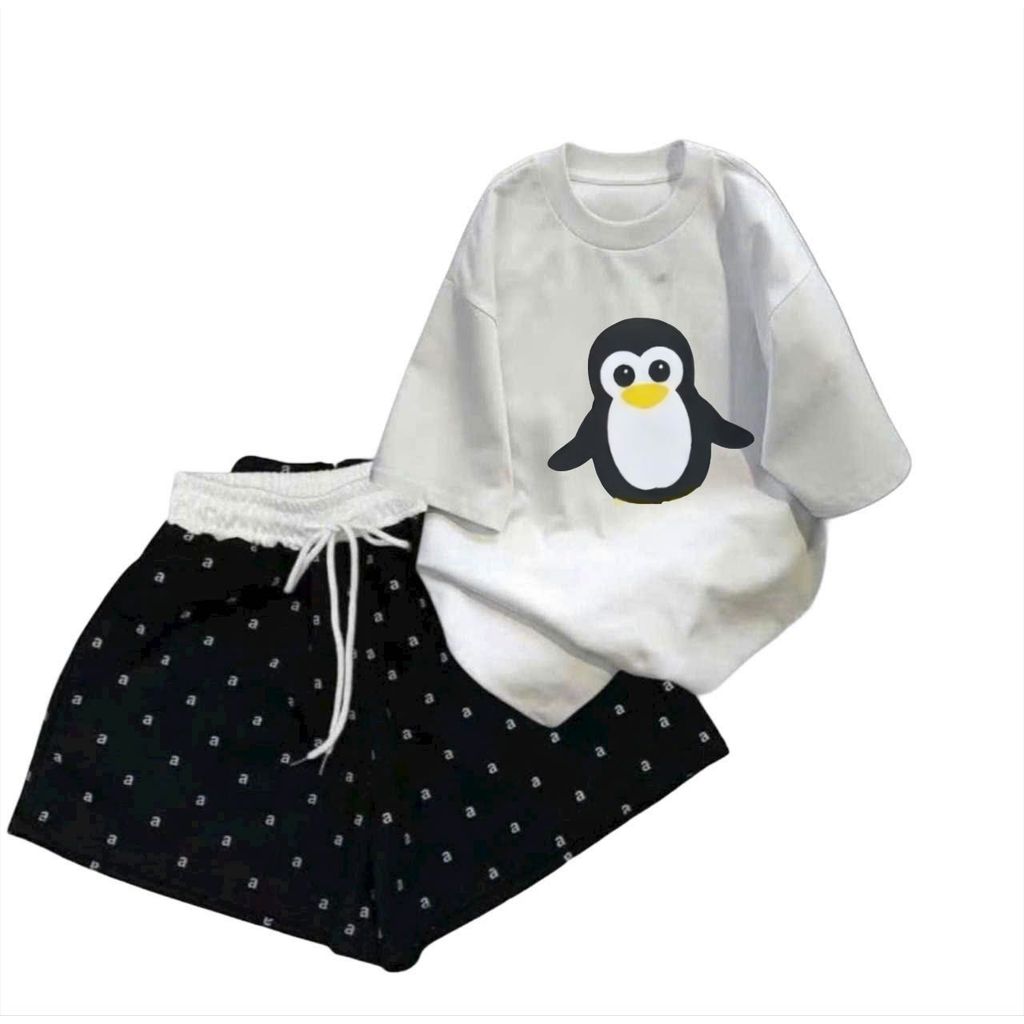 Tổng hợp các sét bộ quần đùi CỘC TRƠN CHỮ AAA+ mix áo phông phom unisex hình-con chim cánh cụt-QUANAO94