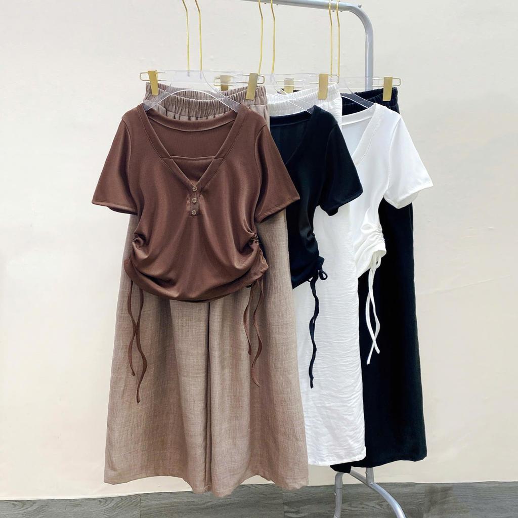 Set Bộ BIGSIZE CÔ NHỎ áo thun rút eo phối quần suông ống rộng vải đũi vân mây cao cấp 55-93kg- A309+Q564