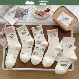 Set 10 Đôi Tất/ Vớ Hoạ Tiết Mèo Hello Kitty Hồng Cổ Cao Phong Cách Hàn Co Giãn Dễ Thương