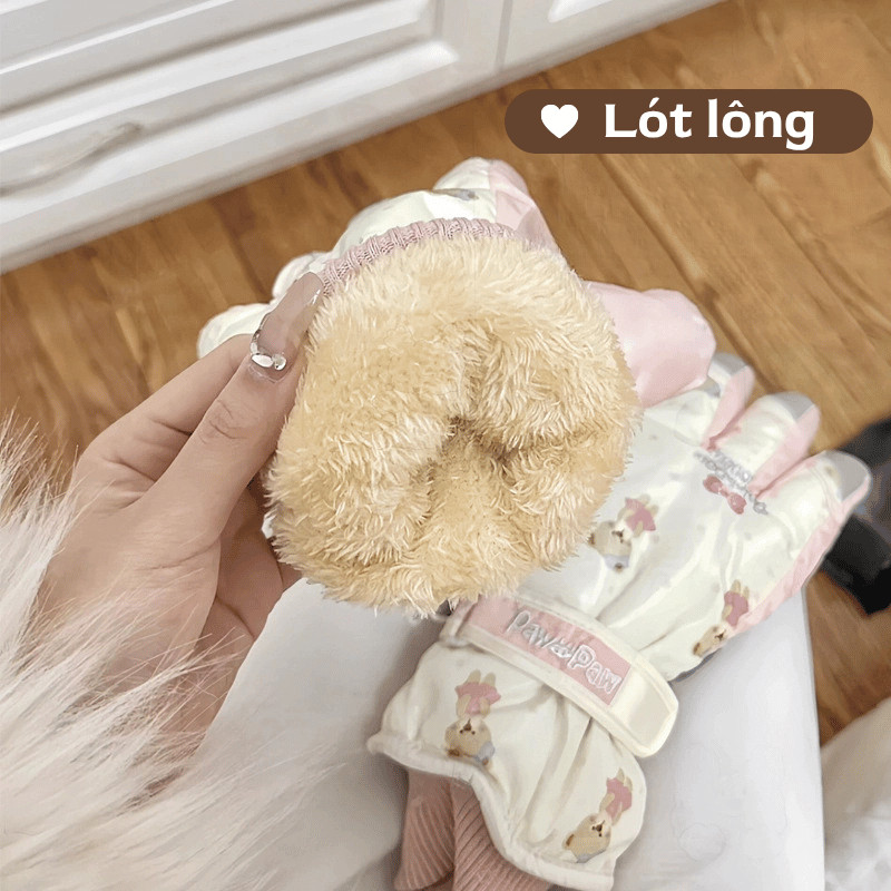 Găng Tay Lót Lông Mùa Đông Dày Dặn Ấm Áp Chống Nước, Chống Trơn, Họa Tiết Gấu Dễ Thương