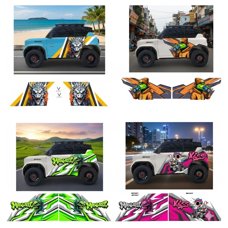 Bộ tem dán sườn xe vf3, tem xe gia đình phong cách, Decal Sticker dán xe vf3, nhiều mẫu HOT cho bạn lựa c — ảnh 1