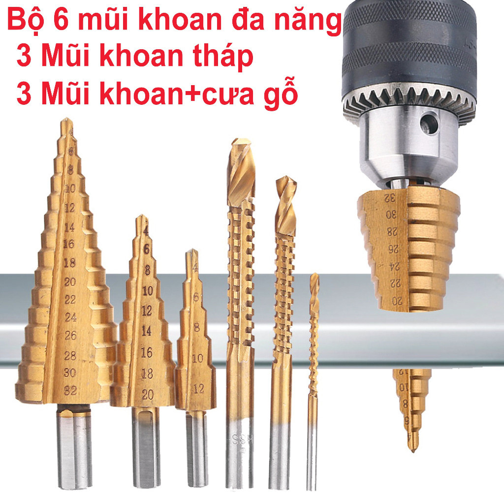 Bộ Mũi Khoan Mở Lỗ Kim Loại – 6 Mũi Khoan HSS Tháp Mạ Titan Chống Gỉ