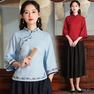 Áo sơ mi sườn xám retro phong cách Trung Hoa, chất liệu vải lanh cotton, đồng phục mùa hè