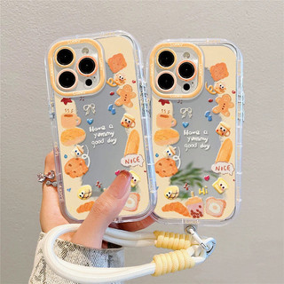 Vỏ gương bánh quy hoạt hình dễ thương + Dây chuyền cho IPhone 16 11 15 14 13 12 Pro Max X Xr Xs Max 7 8 Plus Vỏ điện thoại bảo vệ ống kính chống sốc mềm Vỏ màu đen
