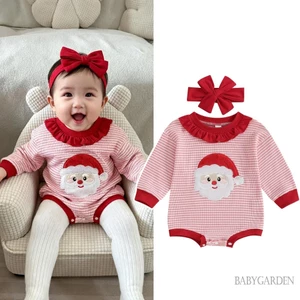 Bé Gái Sơ Sinh Giáng Sinh Tay Dài In Sọc Ông Già Noel Thêu Áo Liền Quần Có Băng Đô