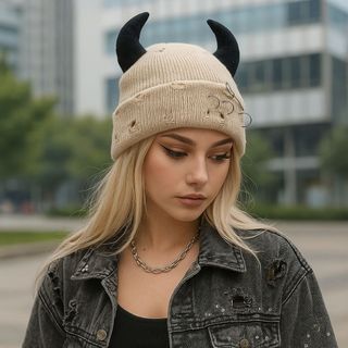 MERIGGIARE Dệt Kim Mùa Đông Bò, Có Sừng Quỷ Mũ Hip Hop Ấm Áp, Cá Tính Pin Trang Trí Đàn Hồi Ngộ nghĩnh Đau Khổ Đầu Lâu Mũ Nam Nữ