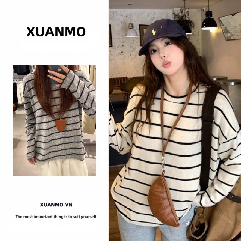 Áo thun dài tay form rộng nữ Mùa Thu Đông Áo Thun Sọc Dài Tay Phù Hợp Mặc Daily Wear Cho Nữ