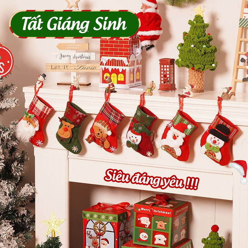 Tất noel nhỏ trang trí – Phụ kiện cây thông giáng sinh, vớ treo hình ông già noel, tuần lộc, đựng bánh kẹo trang trí