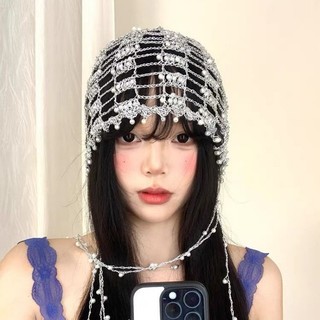 Mũ trang sức ngọc trai và dây chuyền kim loại handmade, thời trang cho tóc tua rua