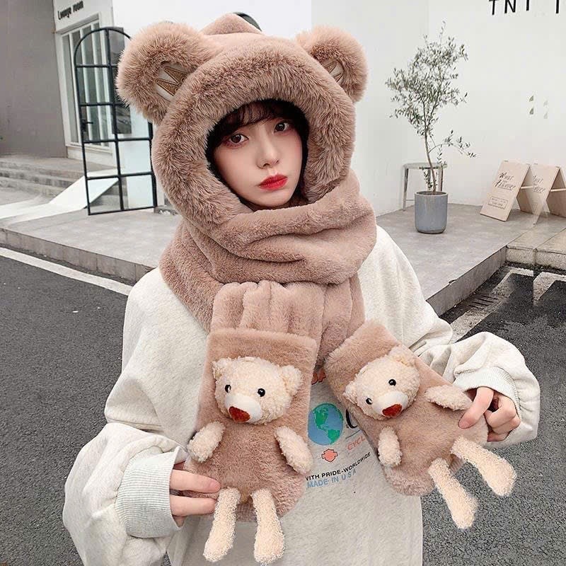 Set Mũ Gấu Lông Tai Thỏ 3in1 - Mũ Trùm Đầu Mũ Khăn Cổ Gang Tay Gắn Hình Thú Gấu Dễ Thương Quà Giáng Sinh Noel Dễ Thương