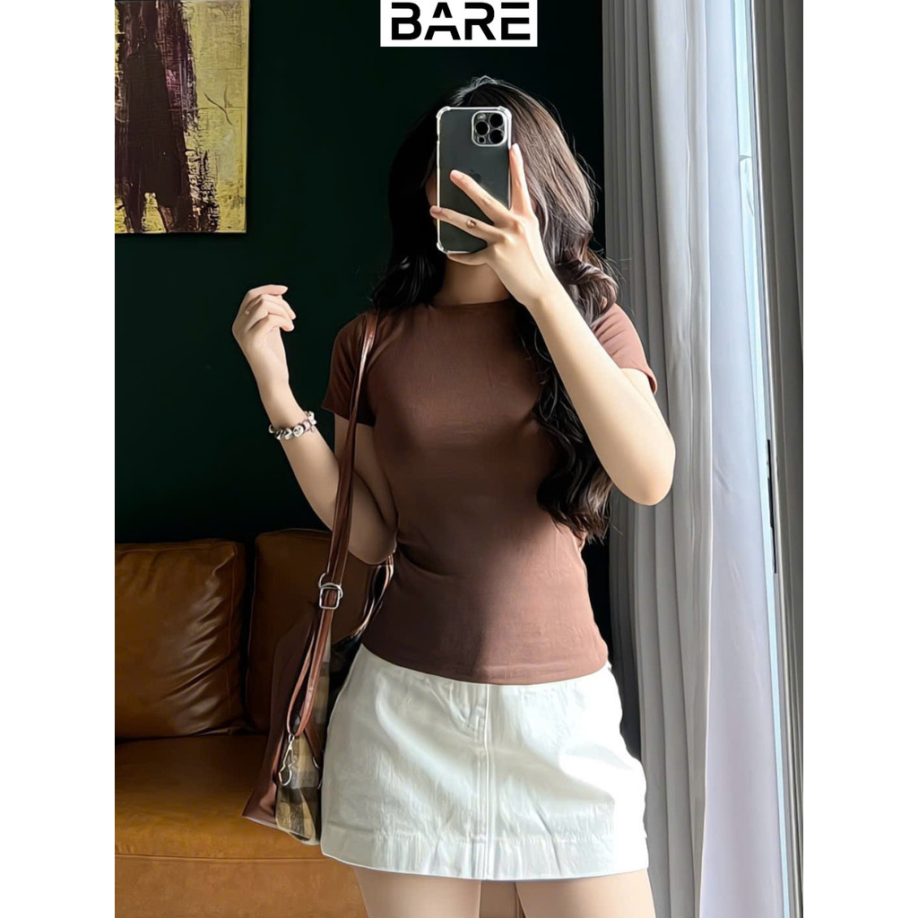 Áo ôm body cổ tròn basic vải thun zip lụa thắt eo, Áo thun nữ babytee tay ngắn dễ thương _AT037