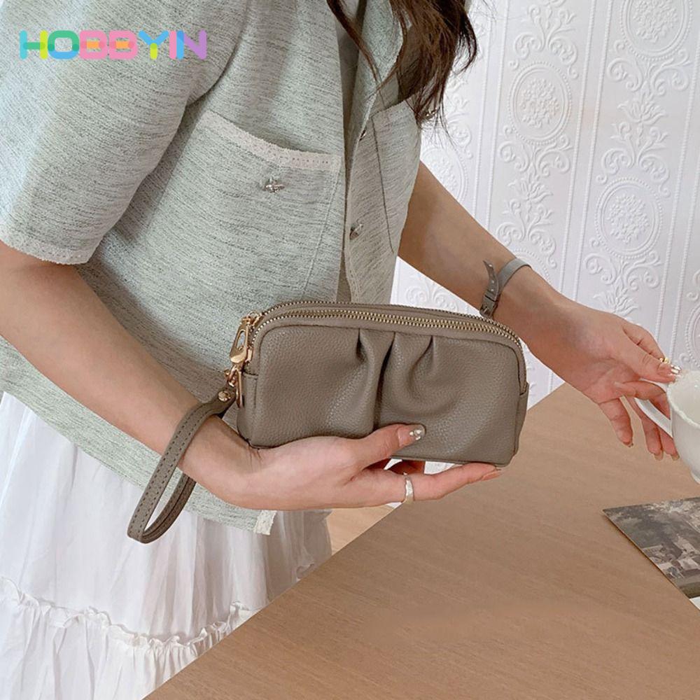 Ví dài nữ HOBBYIN, Túi điện thoại du lịch dung tích lớn màu trơn, Túi xách da PU có dây kéo hai lớp di động