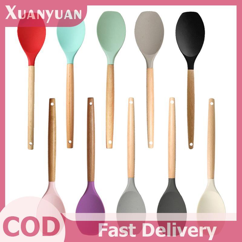 XUAN Dụng cụ nấu ăn tại nhà Silica Gel Scoop Salad Máy khuấy Muỗng Tay cầm bằng gỗ Nồi nấu Silica Gel Pot Scoop Nồi chống dính Dụng cụ nhà bếp VN