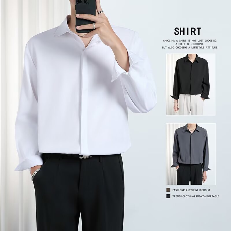 Áo sơ mi nam phong cách Hàn Quốc, chất liệu lụa cao cấp draped