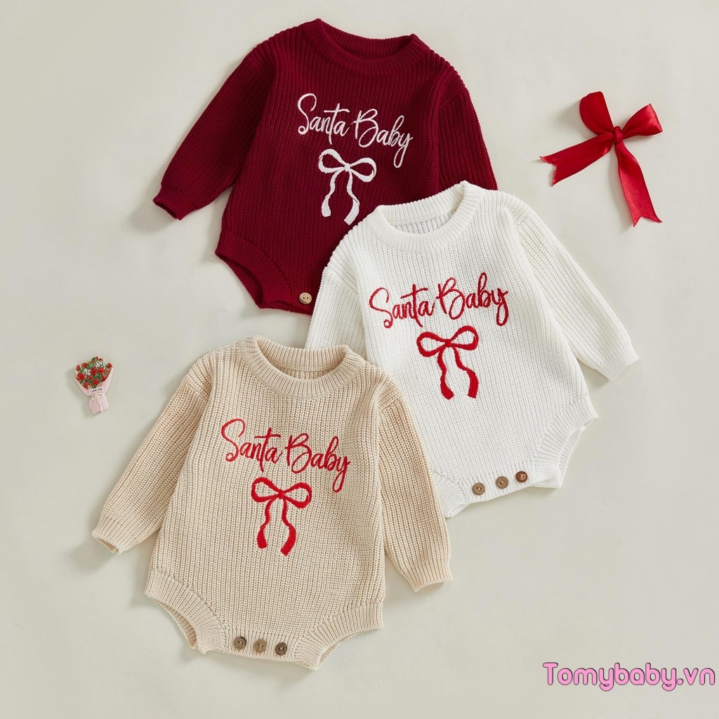 Bé Gái Giáng Sinh Áo Liền Quần Rời Phù Hợp Với Chữ Nơ Thêu Gân Dài Tay Trẻ Sơ Sinh Mùa Đông Jumpsuit
