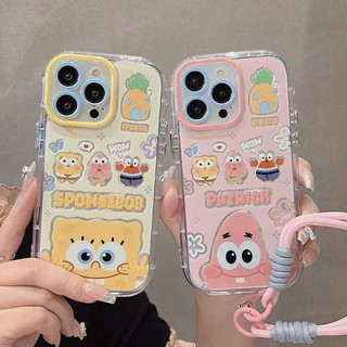 Vỏ gương cặp đôi hoạt hình dễ thương SpongBob Patrick Star + Dây chuyền cho IPhone 16 11 15 14 13 12 Pro Max X Xr Xs Max 7 8 Plus Vỏ điện thoại bảo vệ ống kính chống sốc mềm Vỏ màu đen