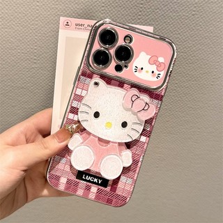 Vỏ Mèo INS Kitty + Dây Xích Cho IPhone 16 11 15 14 13 12 Pro Max X Xr Xs Max 6 6s 7 8 Plus SE 2020 Vỏ Điện Thoại Bảo Vệ Ống Kính Chống Sốc Mềm + Vỏ Gương Đen