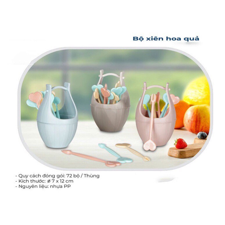Bộ 10 xiên hoa quả Việt Nhật kèm giỏ đựng dễ thương hình trái tim ở cán cầm, Bộ dĩa xiên hoa quả an toàn { H }