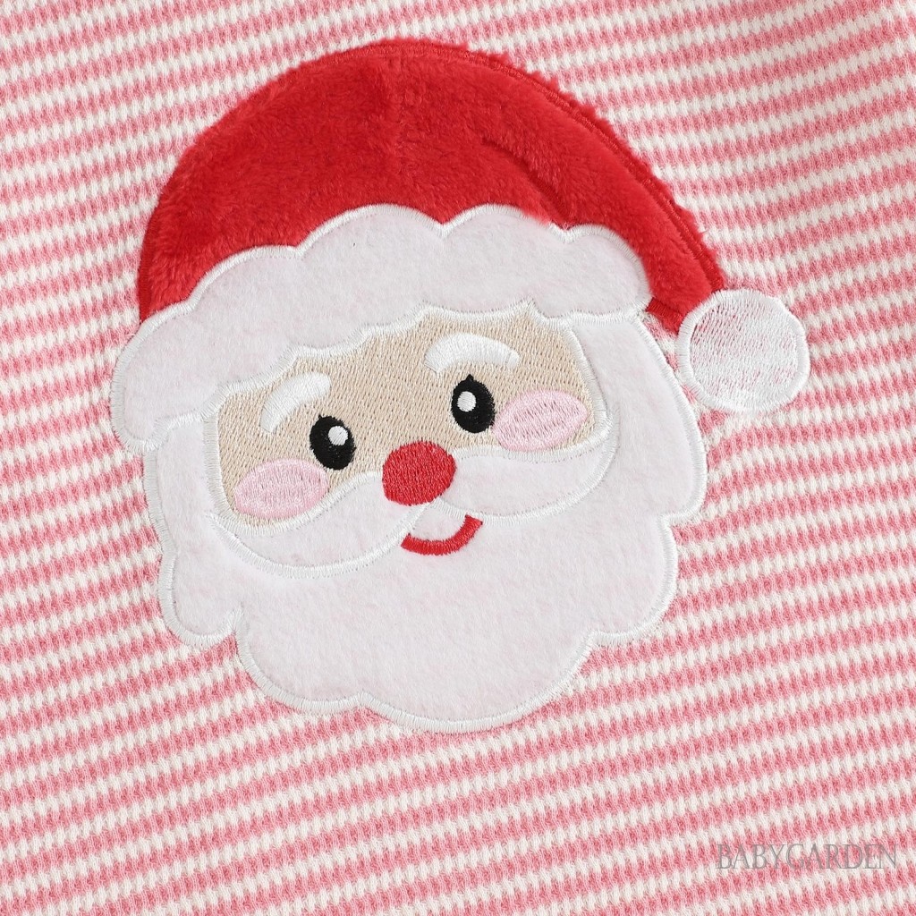 Bé Gái Sơ Sinh Giáng Sinh Tay Dài In Sọc Ông Già Noel Thêu Áo Liền Quần Có Băng Đô