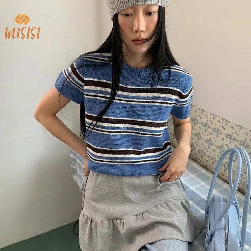 Áo thun cổ tròn sọc ngắn tay dáng rộng mới dành cho nữ