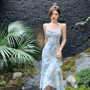 đầm xinh xanh pastel voan hoa nhí mùa hè đi biển đầm xanh da trời body dáng dài hai dây prom thanh lịch đuôi cá