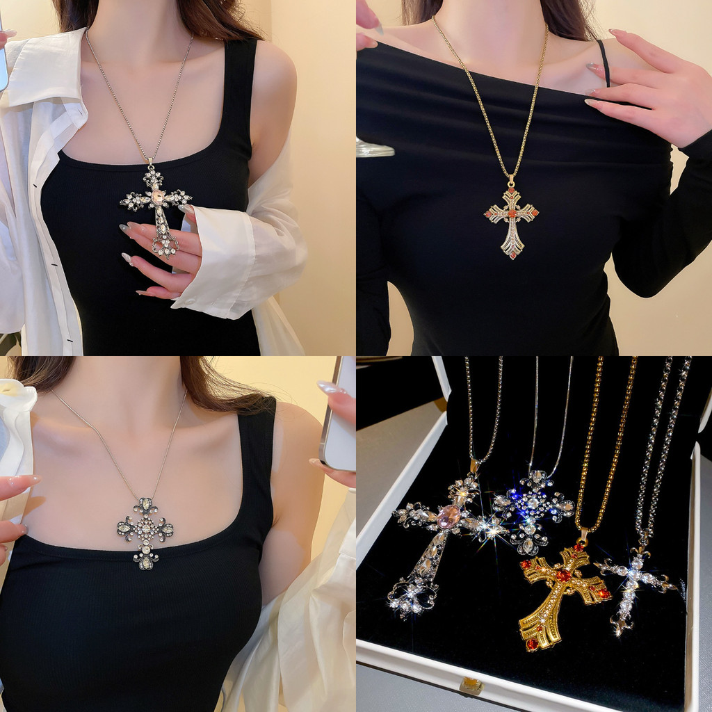 Dây chuyền chữ thập kim cương phong cách goth retro, sang trọng cho xương đòn
