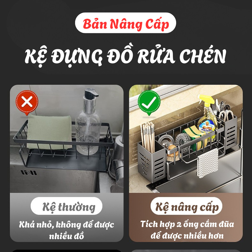 Kệ Để Đồ Rửa Chén Bát Đa Năng Kèm Ống Cắm Đũa Chất Liệu Inox Chống Gỉ, Có Khay Thoát Nước Tiện Lợi