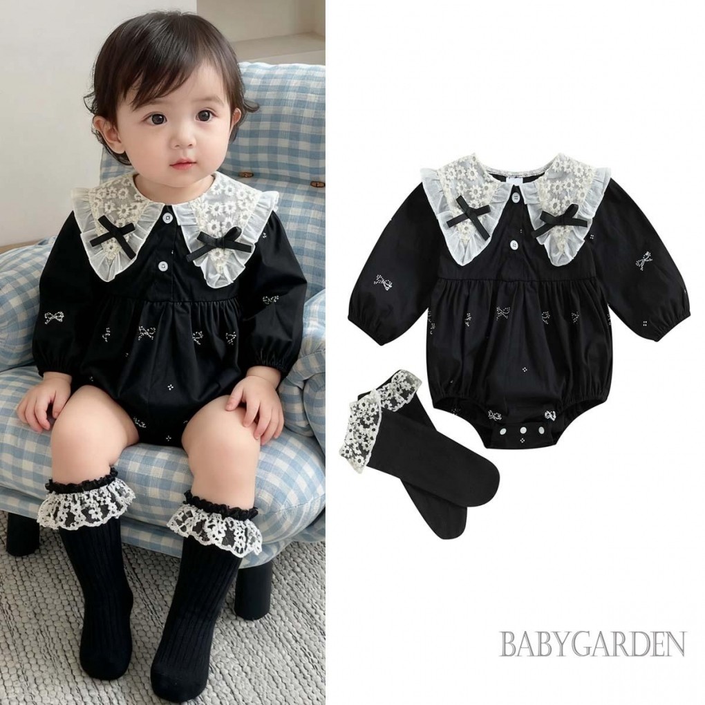 Áo liền quần dài tay cổ búp bê in nơ có tất màu đen