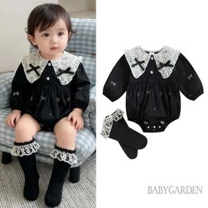 Áo liền quần dài tay cổ búp bê in nơ có tất màu đen